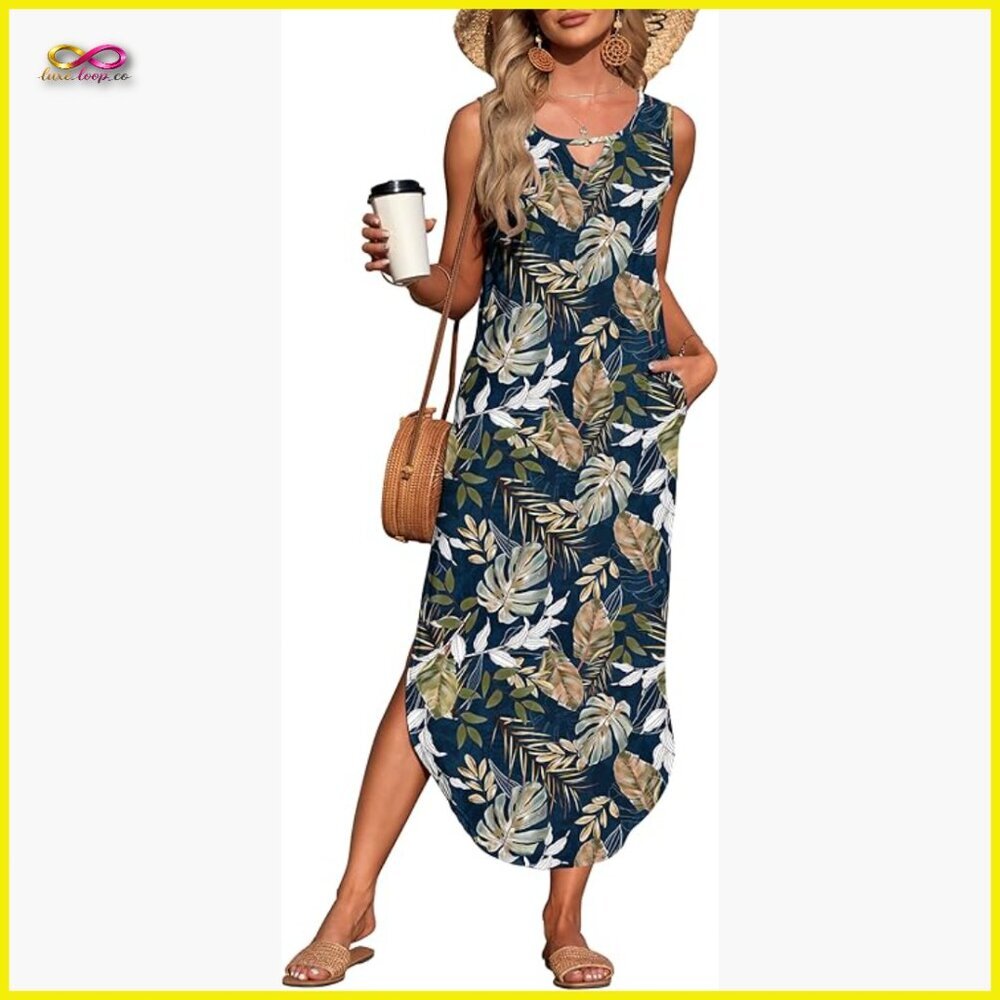 Sleeveless Maxi Dress with Pockets Loose Boho Beach Casual Split Hem
